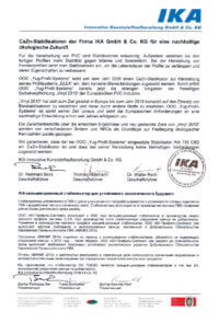 Сертификат о налиии кальций-цинкового стабилизатора в окнах Elex завода Горница в Севастополе